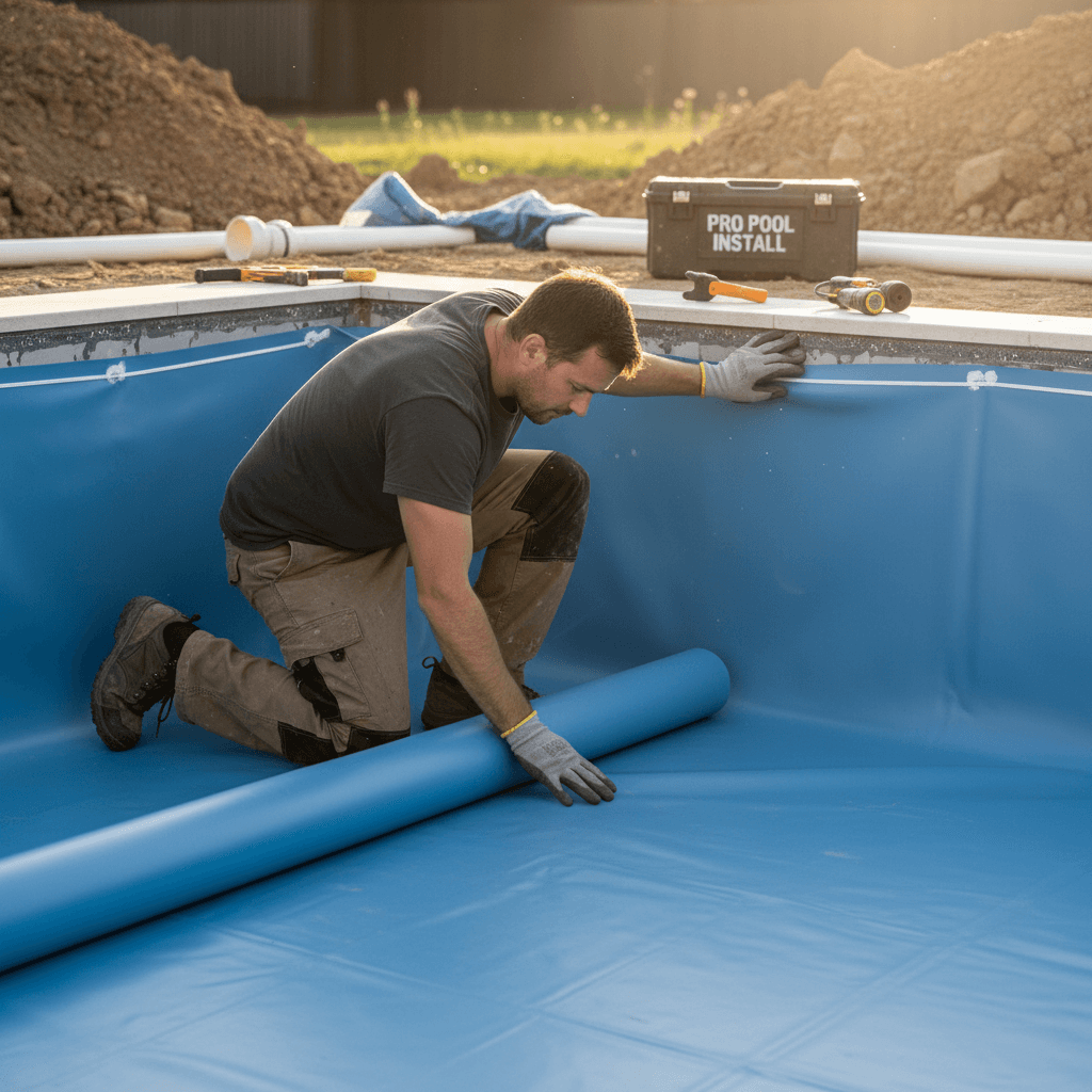 Pool technician installing vinyl liner