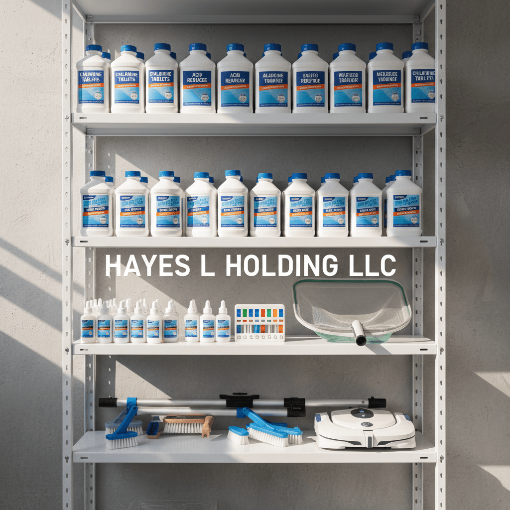 Organized selection of pool chemicals and maintenance products