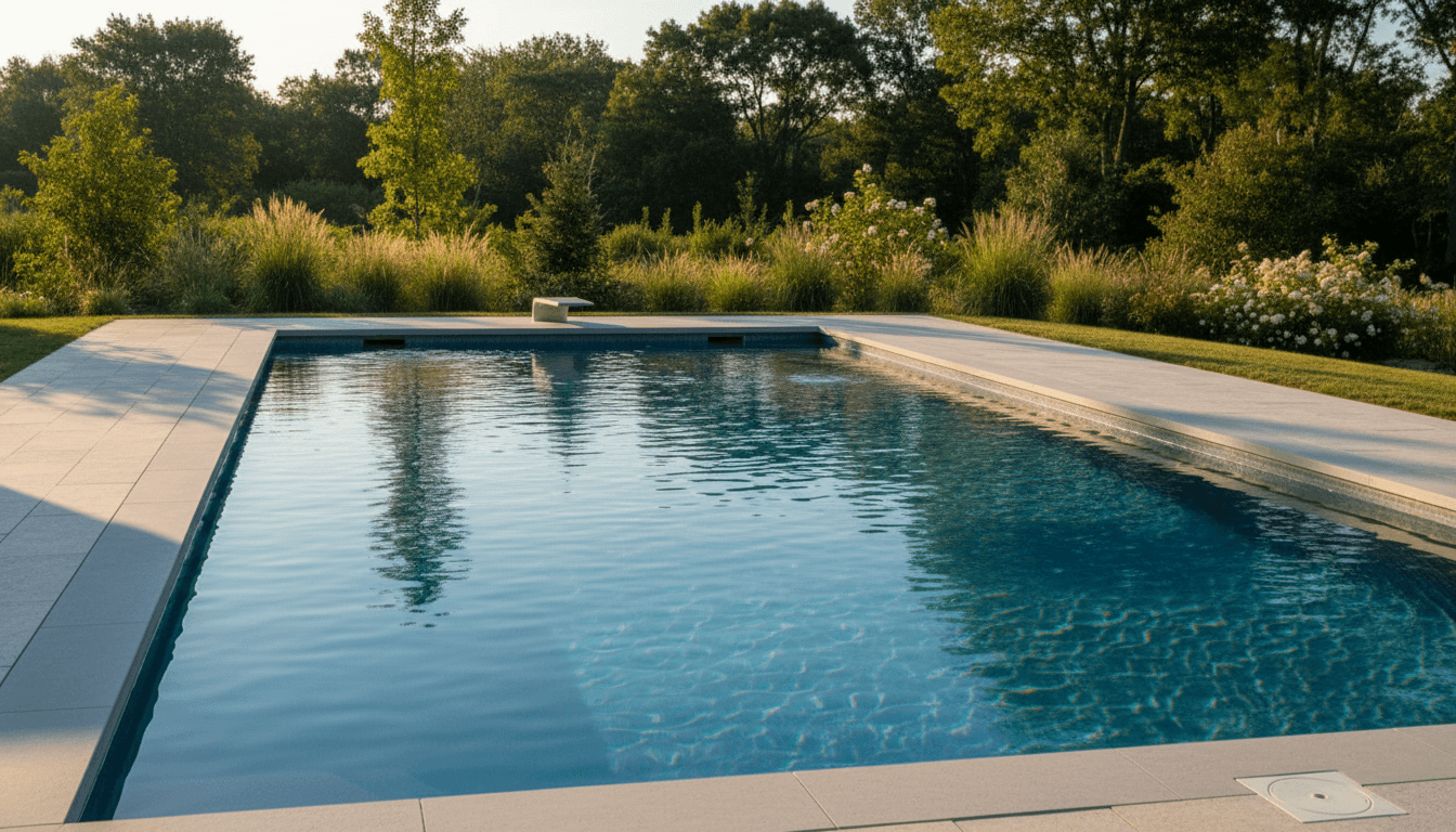 Newly completed residential swimming pool with crystal clear water and professional deck