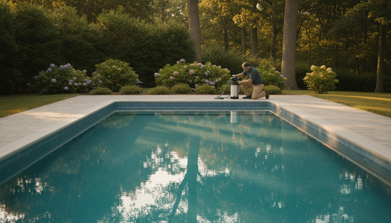 A finished residential swimming pool in East Islip with professional equipment and landscaping