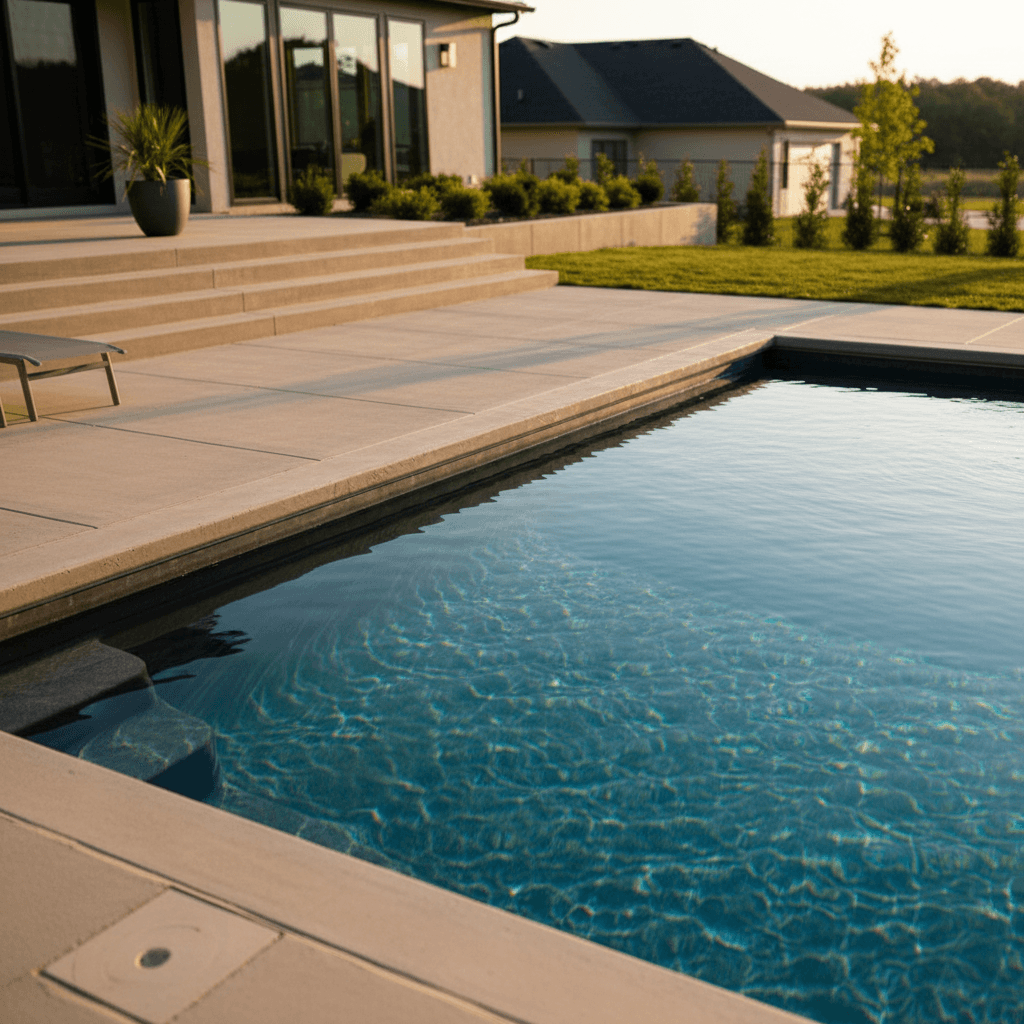 Completed in-ground pool with concrete deck and clear water