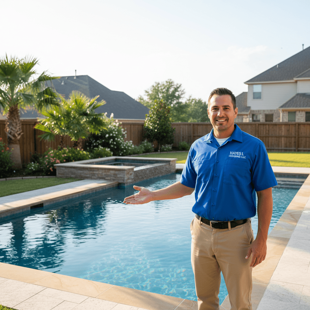 Service technician standing proudly beside completed residential pool installation in East Islip
