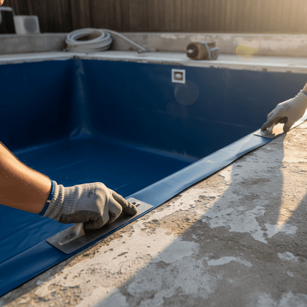 Close-up of technician installing new pool liner during renovation project