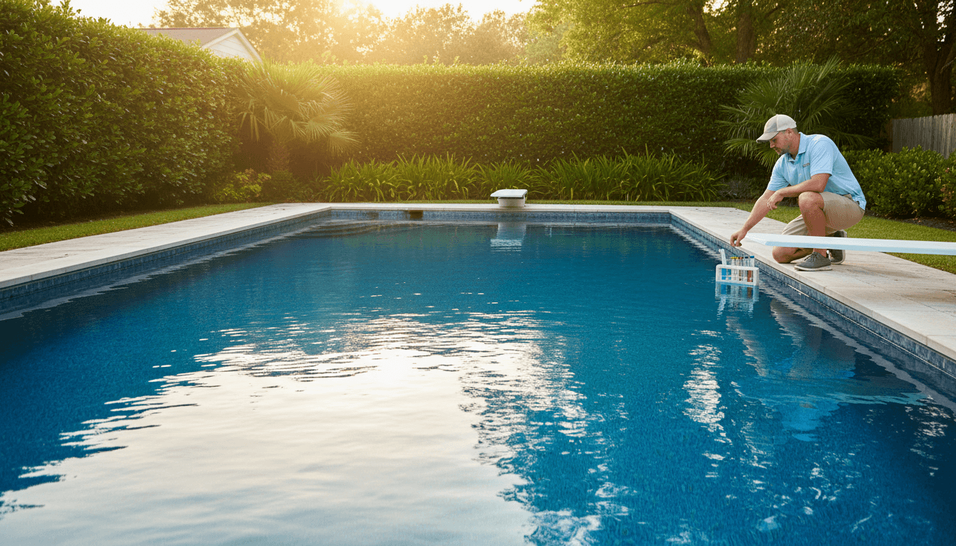 Professional pool maintenance technician testing water chemistry at a sparkling in-ground swimming pool in East Islip
