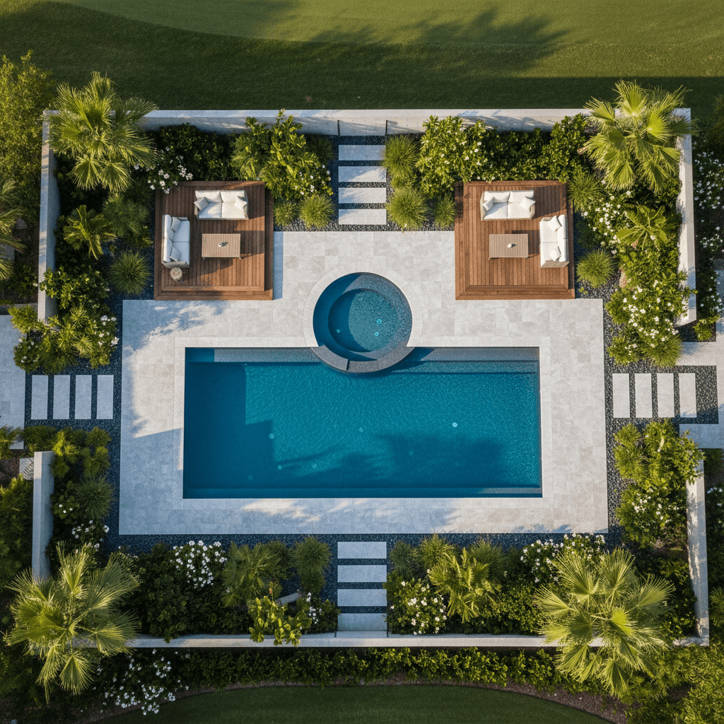 Aerial view of completed pool with landscape and outdoor space