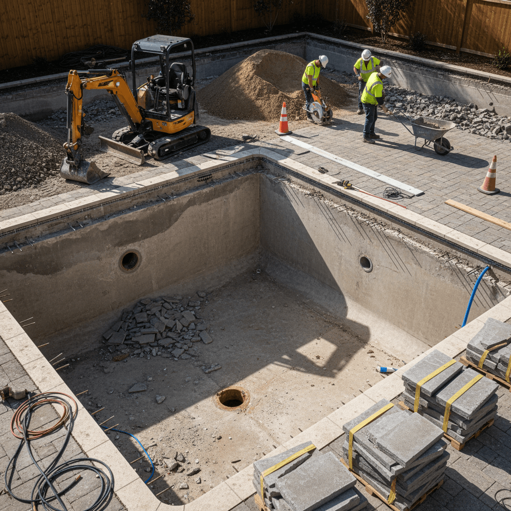 Pool renovation project in progress with preparation work