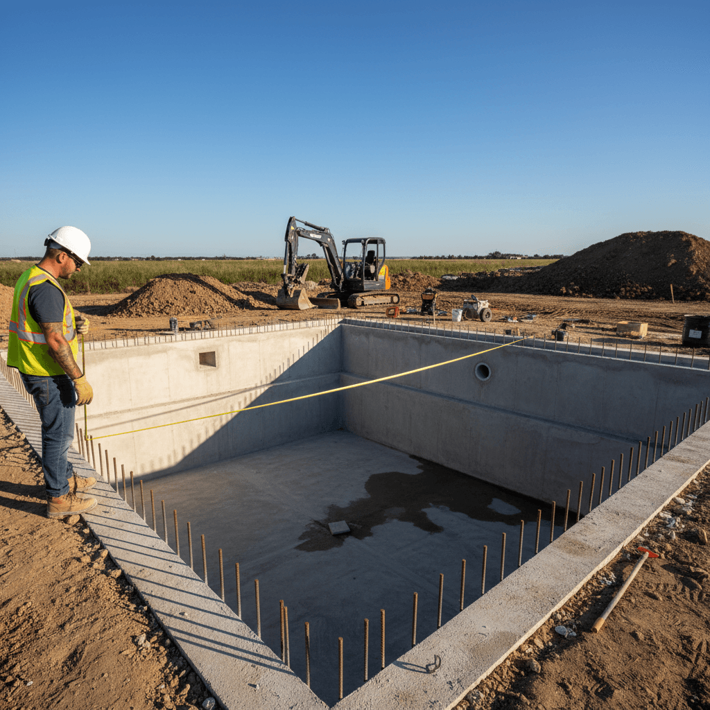 In-ground swimming pool under construction with concrete shell and worker measuring dimensions