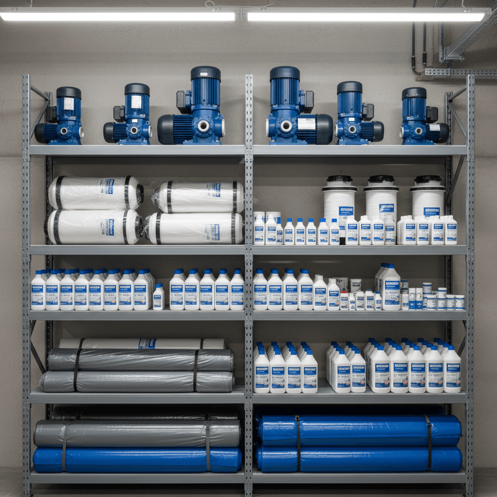 Organized inventory of pool pumps, filters, chemicals, and covers on professional shelving
