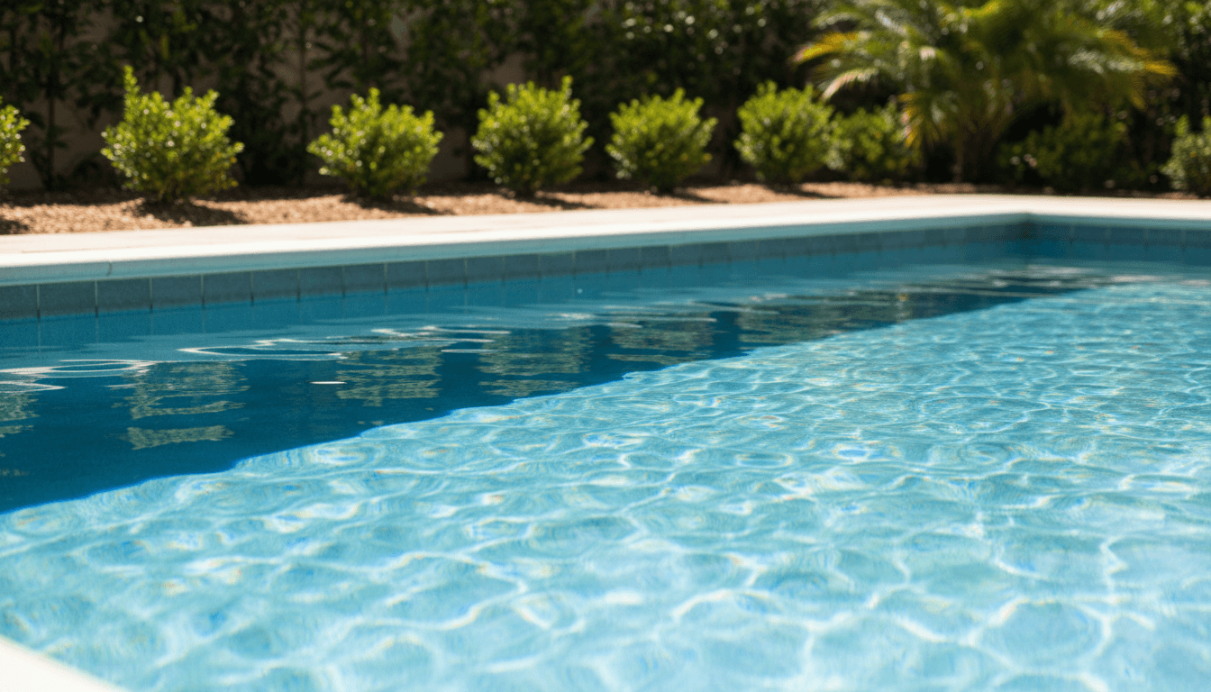 Professionally constructed residential swimming pool with clear blue water and quality tile work